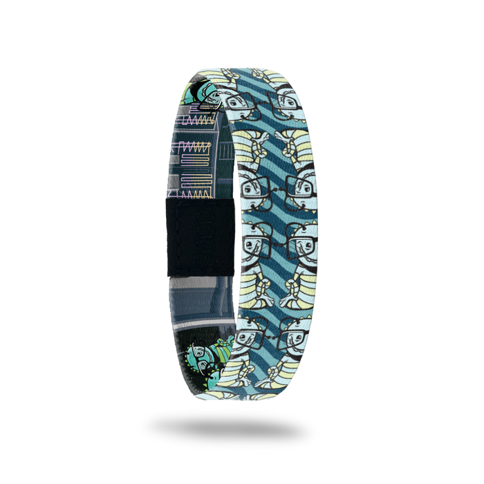 Product photo of the outside of2020 - Day 24 - Thaddeus Bookwormington: teal and turquoise striped design with repeating light blue and lime green striped monster with big glasses and antennas