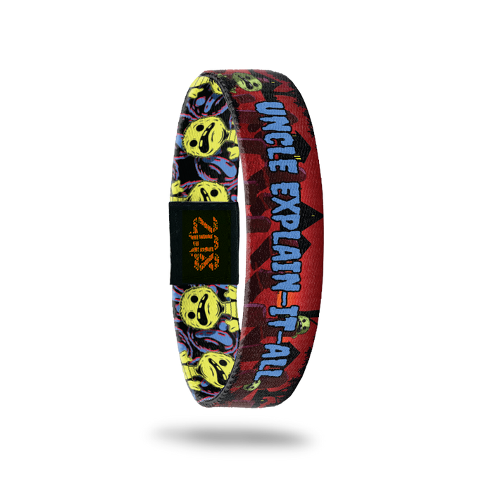 Product photo of the inside of2020 - Day 26 - Uncle Explain-It-All: red and black graveyard design with furry green monsters with 3 teeth and blue 'UNCLE EXPLAIN-IT-ALL' text