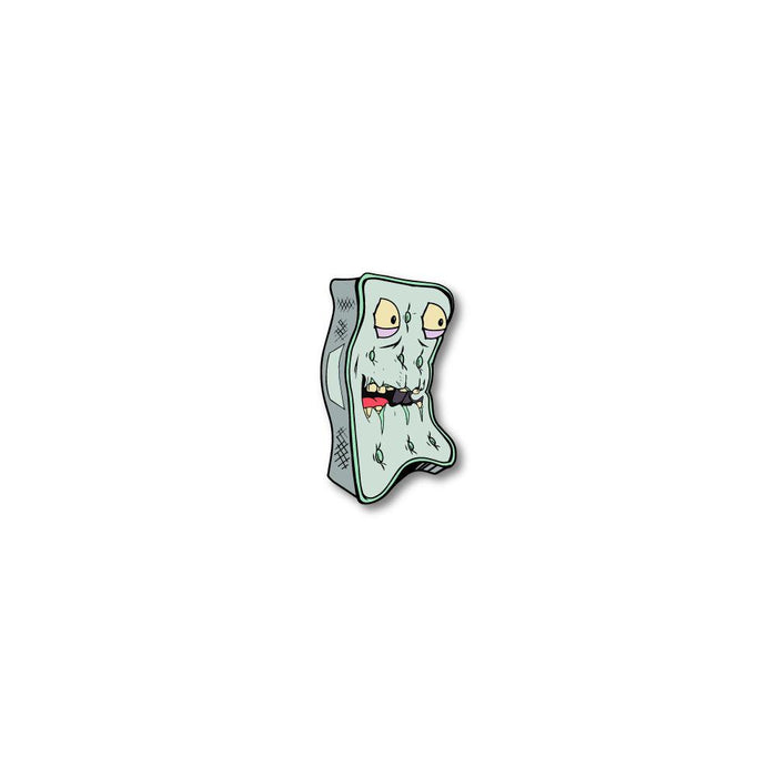 Enamel pin photo of 2020 - Day 27 - Matthew T. Mattresski: pale blue and mint green mattress monster with eyes and a mouth