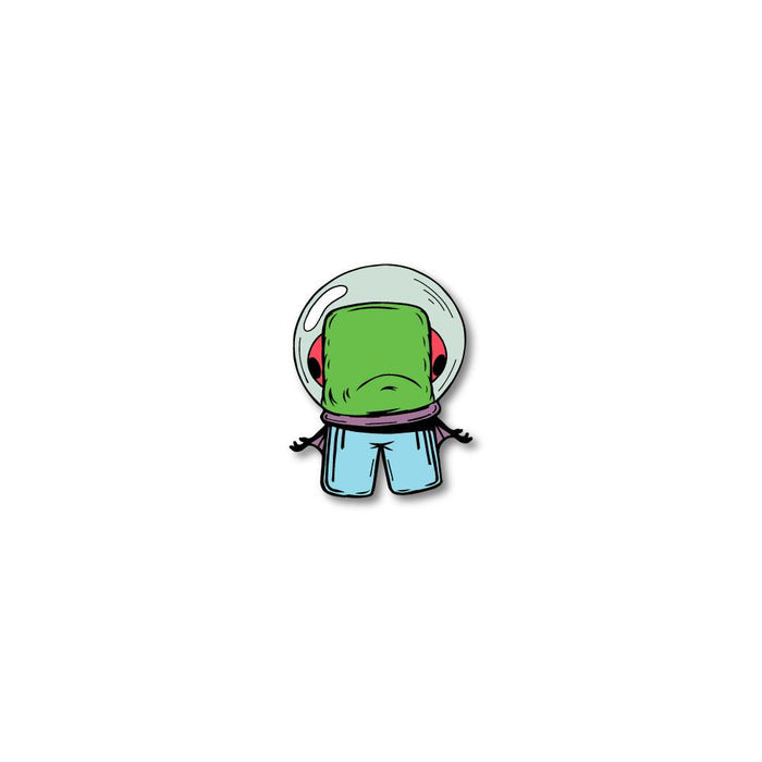 Enamel pin photo for 2020 - Day 28 - Fish Bowl Fred: green monster with red eyes on the side of his head stuck in a fish bowl wearing light blue pants