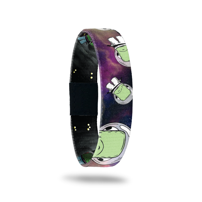 Product photo of the outside of 2020 - Day 28 - Fish Bowl Fred: space design with repeating green monster with eyes on the side of his head stuck in a fish bowl wearing white pants
