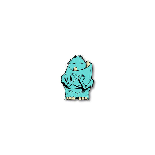 Enamel pin photo for 2020 - Day 3 - Oh Boy: furry, turquoise smiling monster with two teeth