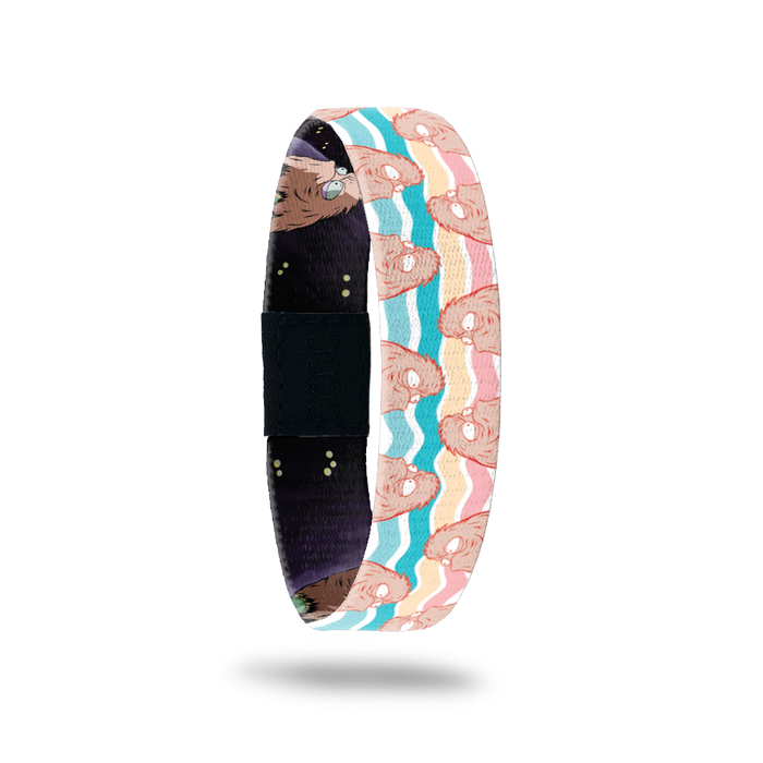 Product photo of the outside of 2020 - Day 31 - Edna Egg-Legs: teal, turquoise, yellow and peach striped design with repeating furry, peach monsters