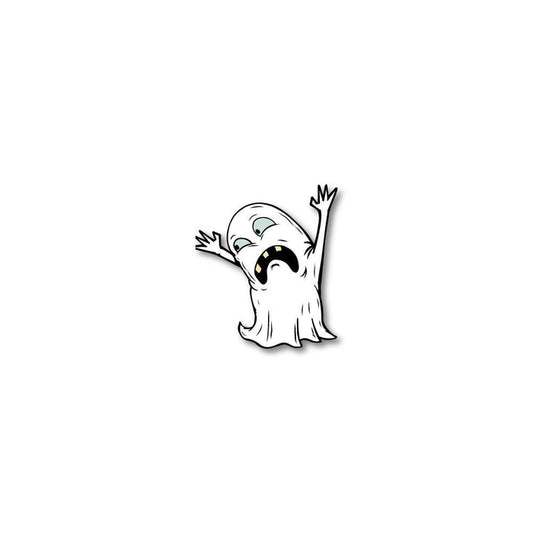 Enamel pin photo for 2020 -Day 5 - Hoogiddy Boogiddy Boo!: white ghost with arms stretched upward and frowning face
