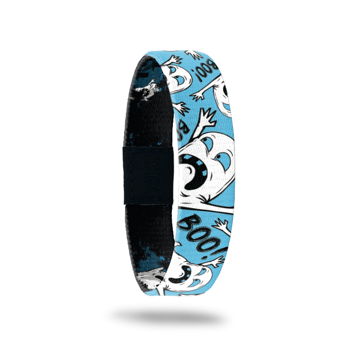 Product photo of the outside of 2020 - Day 5 - Hoogiddy Boogiddy Boo!: blue design with repeating white ghost with arms stretched upward with frowning face and repeating black "BOO!" text
