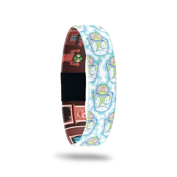 Product photo of the outside of 2020 - Day 6 - Curt Cupperman: blue and white design with repeating green fish with big peach eyeballs inside of a clear cup of blue water