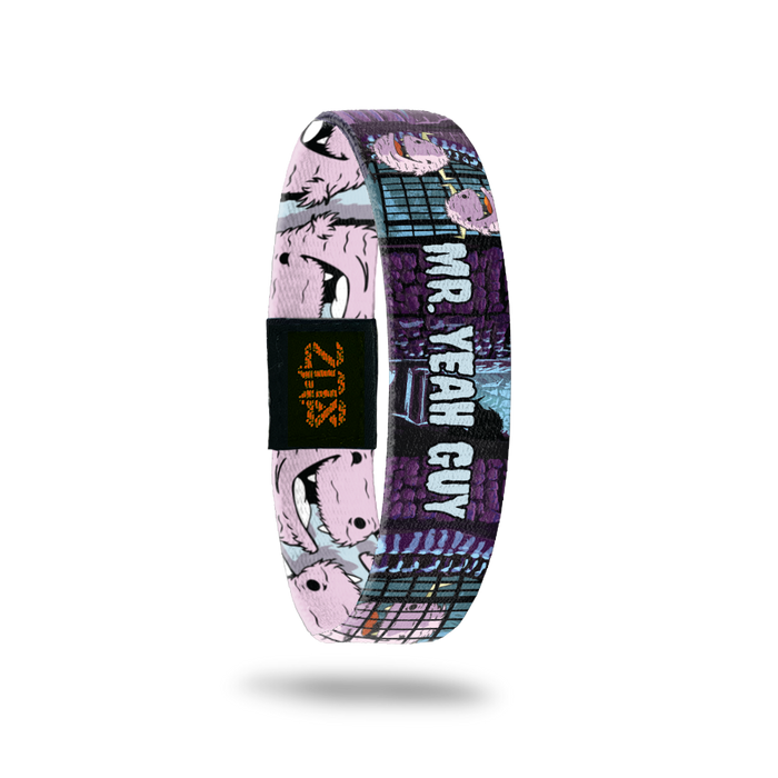 Product photo of the inside of 2020 - Day 8 - Mr. Yeah Guy: purple dungeon background with pale pink, smiling, furry monsters with horns and light blue 'MR. YEAH GUY' text