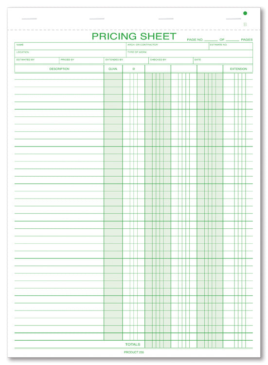 235 Pricing Sheets 8 1/2 x 11" QTY 250