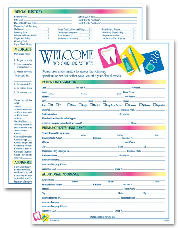 4065 Two Sided Registration & History Form Dental Icon Design 8 1/2 x 11" QTY300
