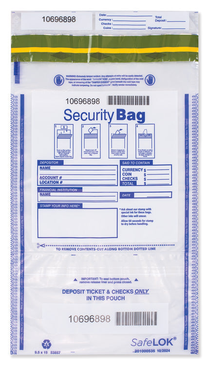 53857 Dual Pocket Deposit Bag Clear 9 1/2 x 15" 100 Bags