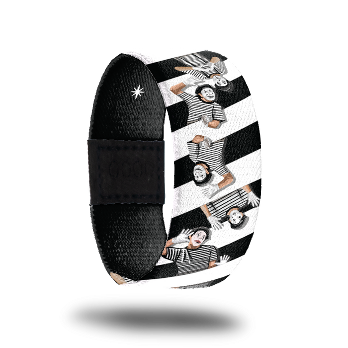 Actions Speak Louder Than Words-Sold Out-ZOX - This item is sold out and will not be restocked. Black and white zig zag lines.  Has an image of a Mime with black and white striped shirt, face paint, black hat and making various faces.