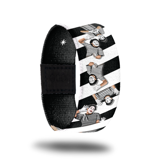 Actions Speak Louder Than Words-Sold Out-ZOX - This item is sold out and will not be restocked. Black and white zig zag lines.  Has an image of a Mime with black and white striped shirt, face paint, black hat and making various faces.