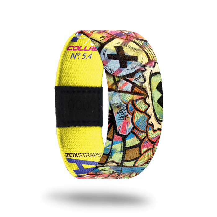 Adventure-Sold Out-ZOX - This item is sold out and will not be restocked. Brightly colored abstract designs with black Xs all over. The inside is yellow and says Adventure.