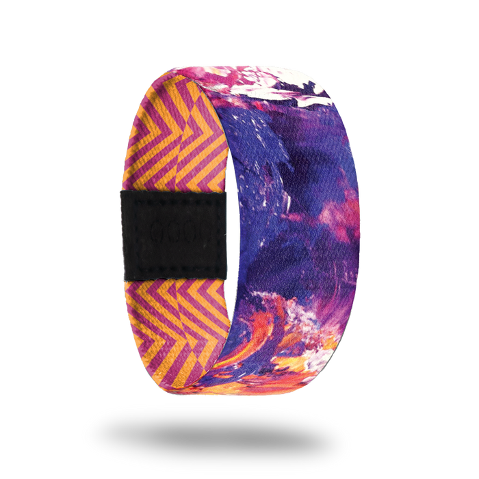 Aeipathy-Sold Out-ZOX - This item is sold out and will not be restocked. Blue, purple, pink and orange abstract design that looks like crashing waves. The inside is orange and pink zig zag stripes and says Aeipathy.