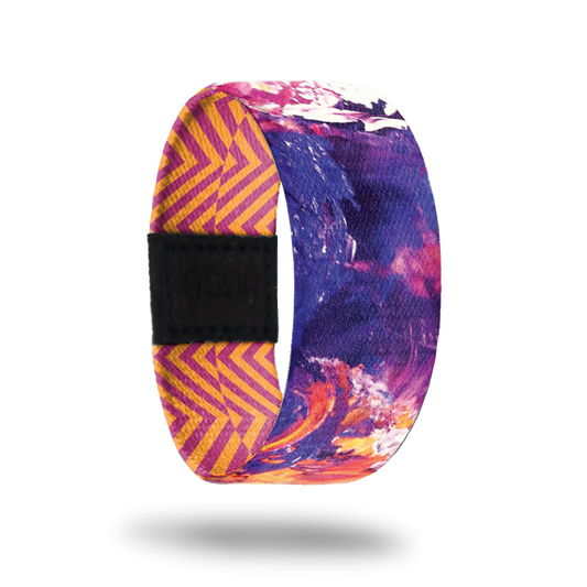 Aeipathy-Sold Out-ZOX - This item is sold out and will not be restocked. Blue, purple, pink and orange abstract design that looks like crashing waves. The inside is orange and pink zig zag stripes and says Aeipathy.