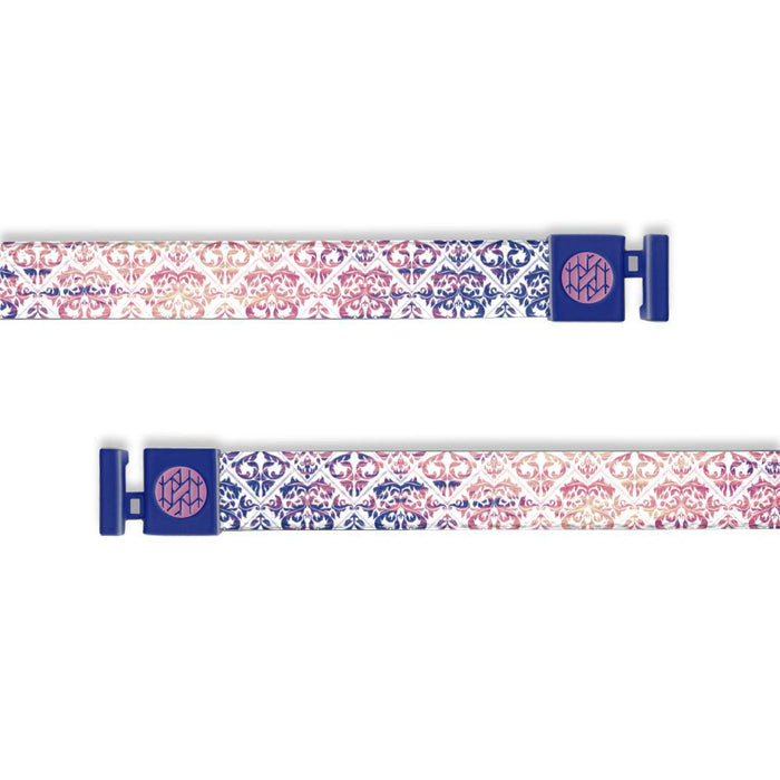 Only compatible with ZOX hoodies. Blue, purple, pink and orange Damask design. Has purple aglets.