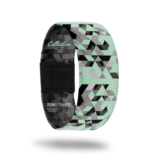 Alpha-Sold Out-ZOX - This item is sold out and will not be restocked. Teal, grey and black prism design. Inside is the same and reads Alpha.