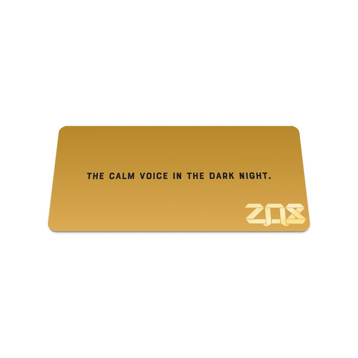 Back collector's card image of Always Listening, a deep yellow card with the text 'The calm voice in the dark night'