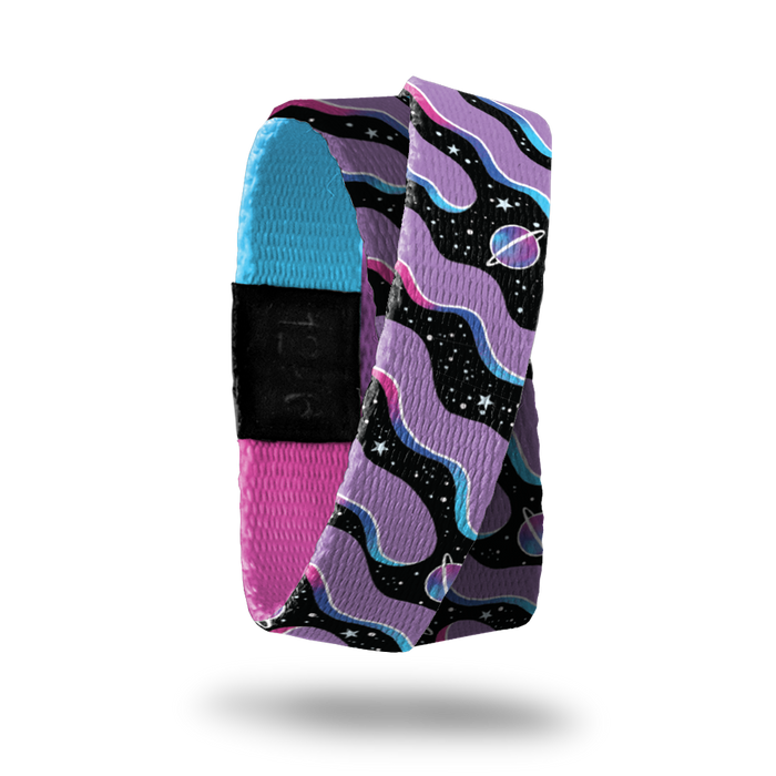 Black space background with white stars. Purple squiggles all over and planets throughout. Inside is a blue and pink gradient and says Stepping Stones. This is a double and wraps around twice.