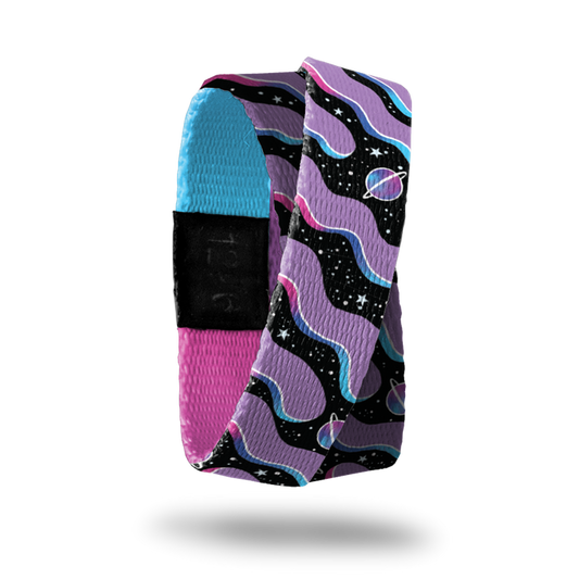 Black space background with white stars. Purple squiggles all over and planets throughout. Inside is a blue and pink gradient and says Stepping Stones. This is a double and wraps around twice.