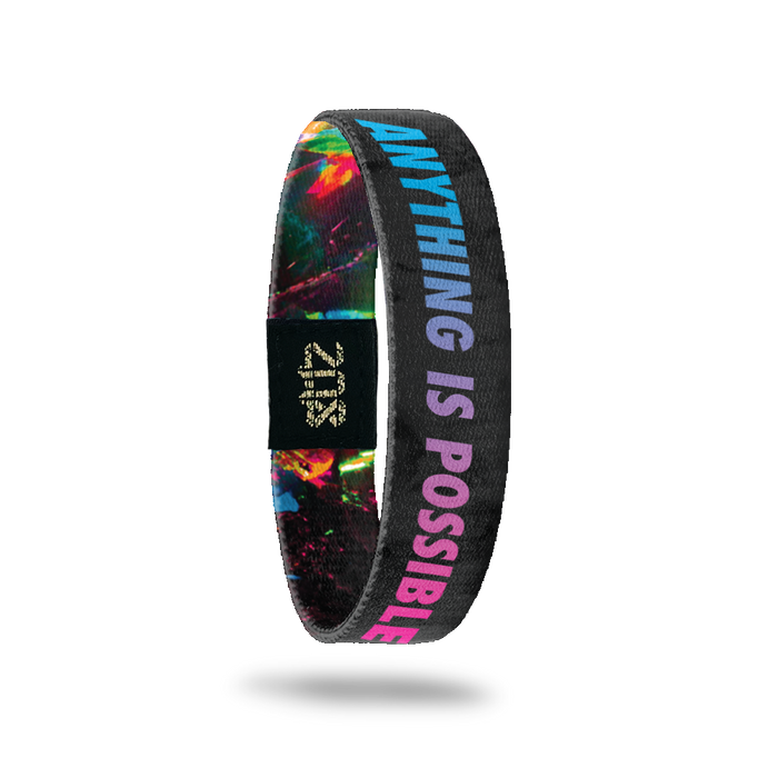 Inside Design of Anything is Possible: grey and black acrylic pour with blue to pink gradient bold text 'Anything is Possible'