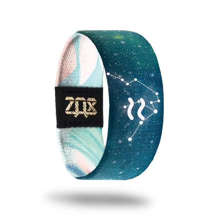 Inside design of Aquarius, a navy blue background with the star constellation and symbol for the astrological sign Aquarius in white