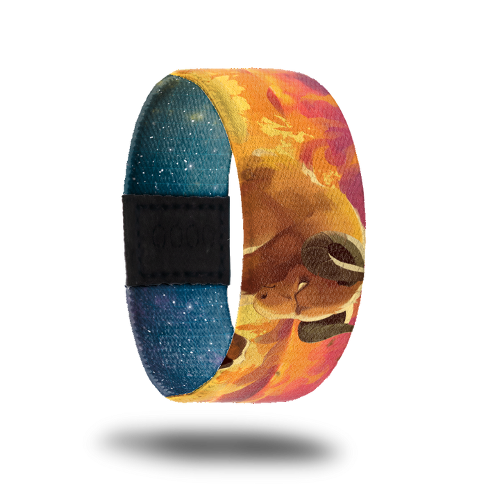 Aries-Sold Out-ZOX - This item is sold out and will not be restocked. Outside is orange and yellow flames and has a mountain goat on it. Inside is blue with white stars all over and says Aries.