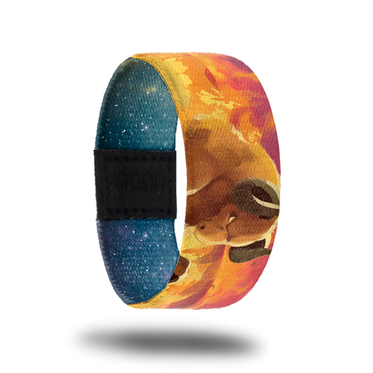 Aries-Sold Out-ZOX - This item is sold out and will not be restocked. Outside is orange and yellow flames and has a mountain goat on it. Inside is blue with white stars all over and says Aries.