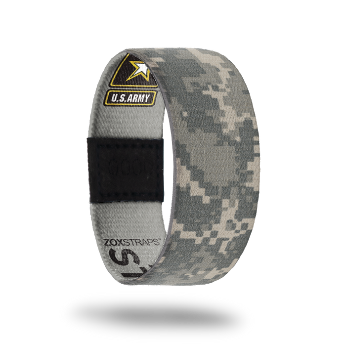 Army Strong-Sold Out-ZOX - This item is sold out and will not be restocked. Grey and olive green digital camo. The inside says Army Strong and has the official US Army logo.