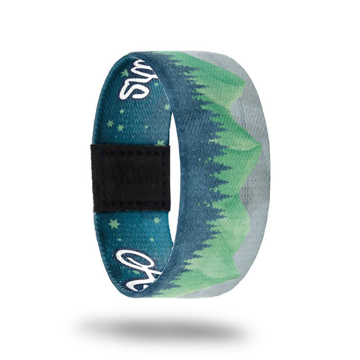 Ascend To The Stars-Sold Out-ZOX - This item is sold out and will not be restocked. Outside is a forest scene with green mountains and grey skies. Inside is a blue sky with green stars and says Ascend To The Stars.