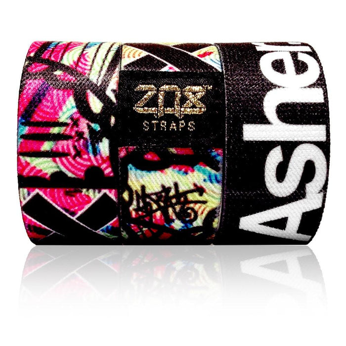 Brightly colored graffiti artwork on the outside. Inside is solid black and says Asher in all white letters.