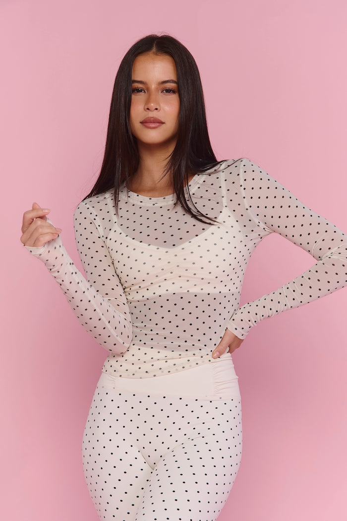 Astoria Mesh Long Sleeve Top - Cream Polka