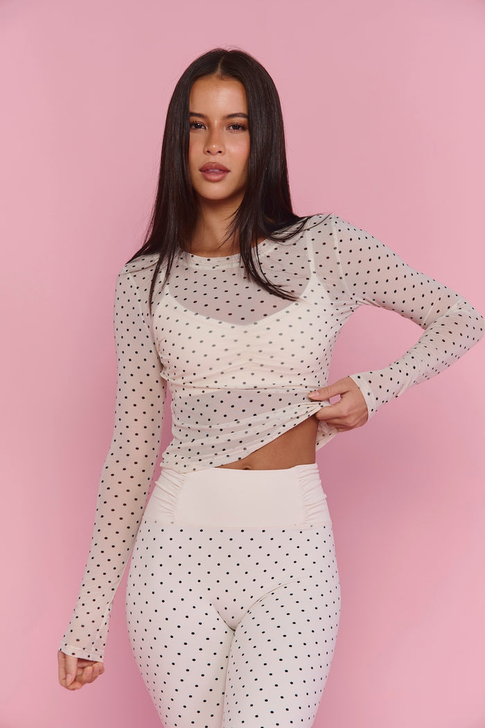 Astoria Mesh Long Sleeve Top - Cream Polka