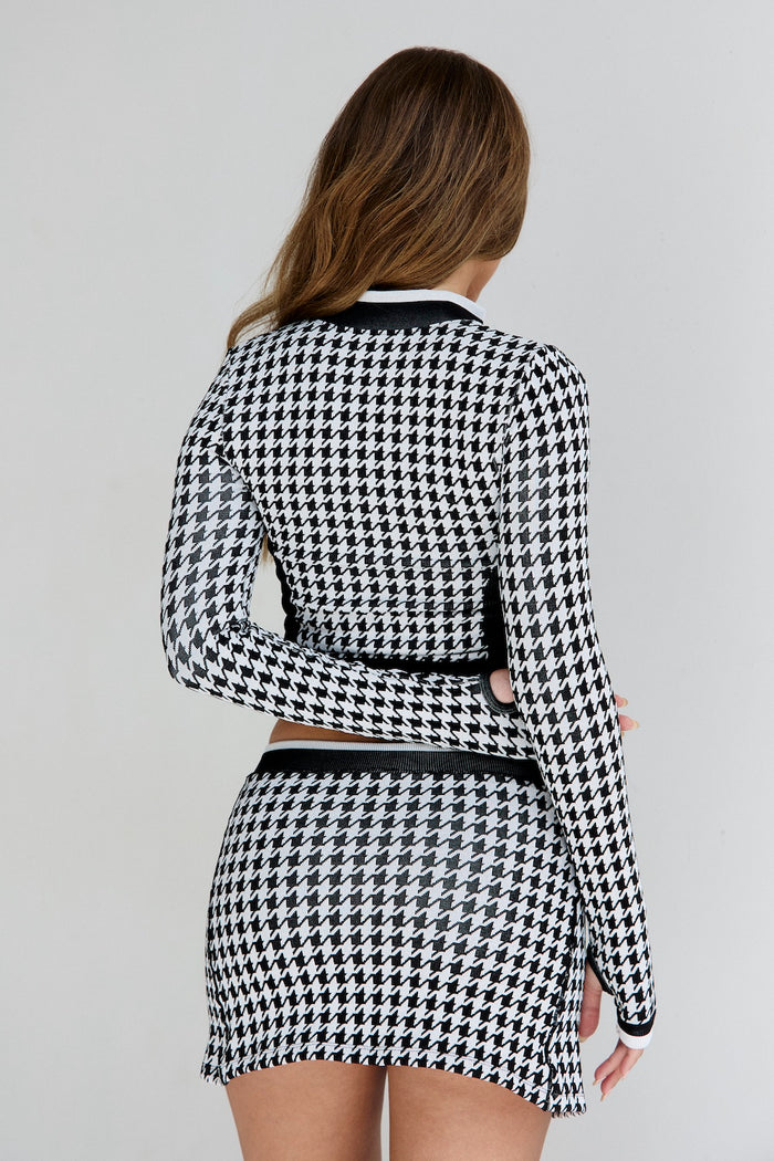 Astoria Seamless Knit Zip Up Jacket - Black/Grey Houndstooth