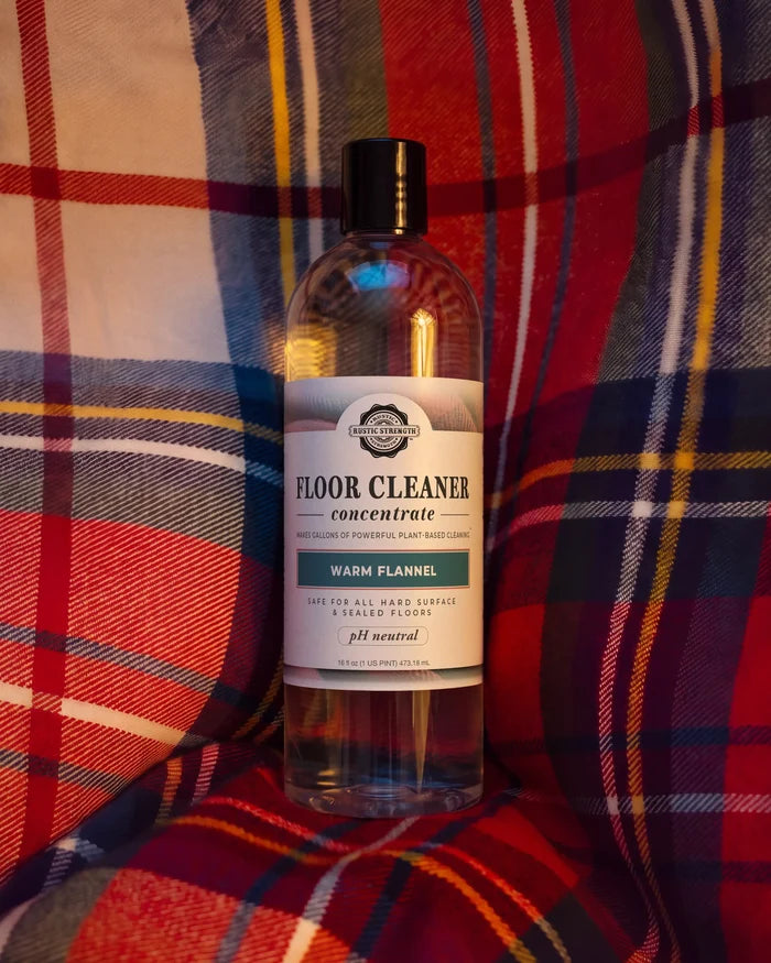 Rustic Strength, Floor cleaner Concentrate, 16oz, plastic , Warm Flannel scent displayed on plaid background