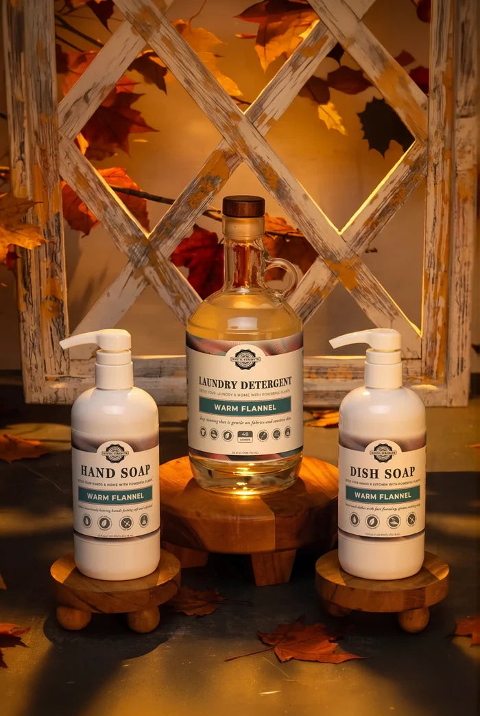 Rustic Strength - Autumn Cleaning Set | Warm Flannel: 16oz Warm Flannel Hand Soap, 24oz Warm Flannel Laundry Detergent & 16oz Warm Flannel Dish Soap