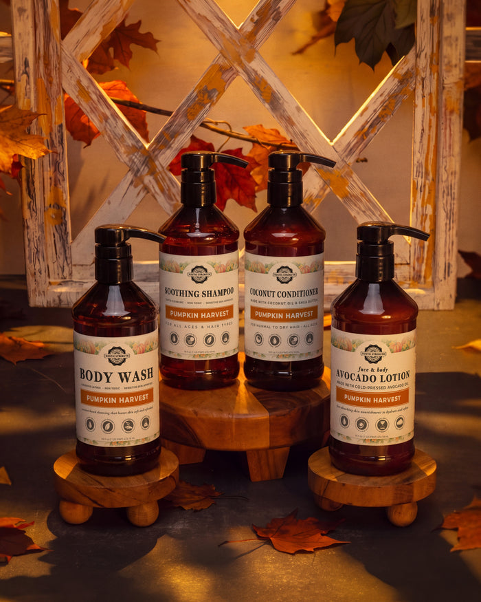 Rustic Strength, Autumn Spa Set, Pumpkin Harvest with Body Wash, Soothing Shampoo, Coconut Conditioner and Avocado Lotion