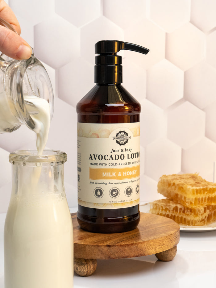 Rustic Strength, Avocado Lotion, 16oz Plastic, Milk & Honey, background of milk being poured and a honeycomb