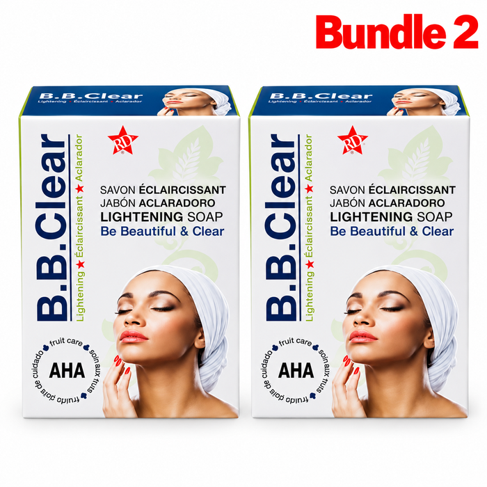B.B Clear Clarifying & Exfoliating Soap in branded packaging, exfoliating cleansing bar formulated to remove impurities and dead skin cells while helping promote smoother, brighter, and more radiant-looking skin.