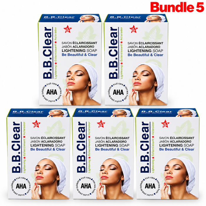 B.B Clear Clarifying & Exfoliating Soap in branded packaging, exfoliating cleansing bar formulated to remove impurities and dead skin cells while helping promote smoother, brighter, and more radiant-looking skin.