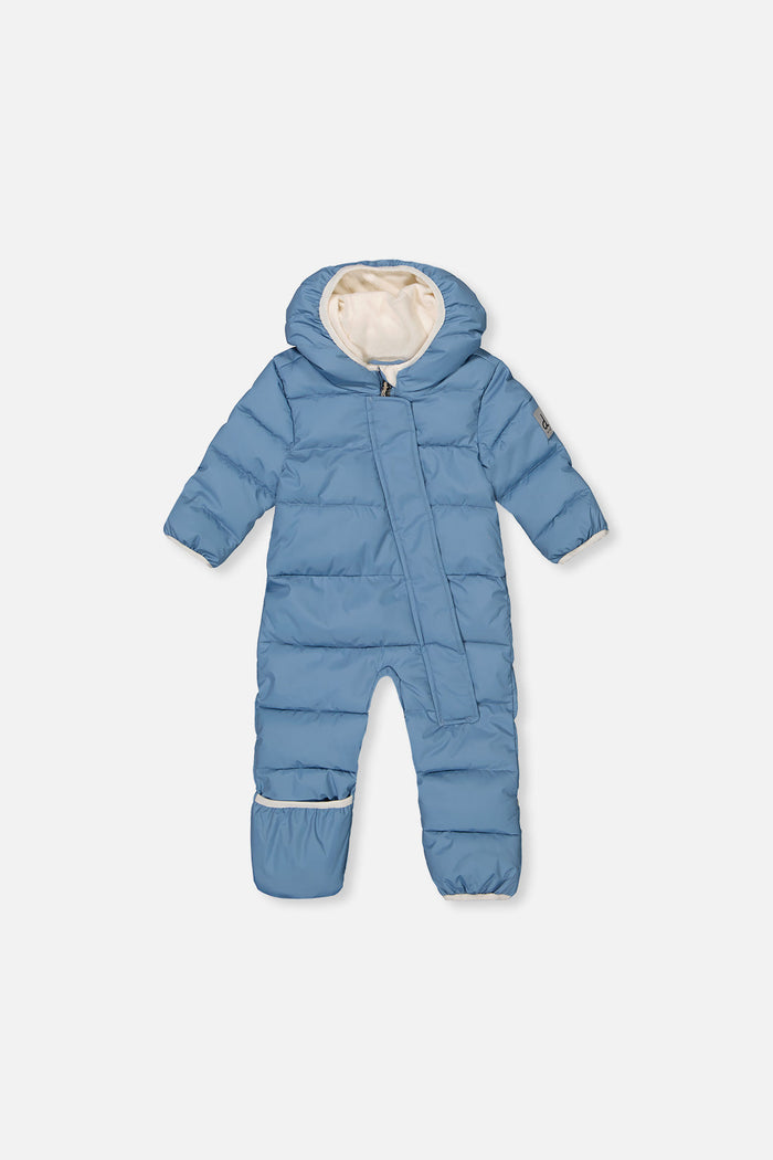 Deux par Deux Baby Cloud one-piece car-seat snowsuit in blue grey, front view