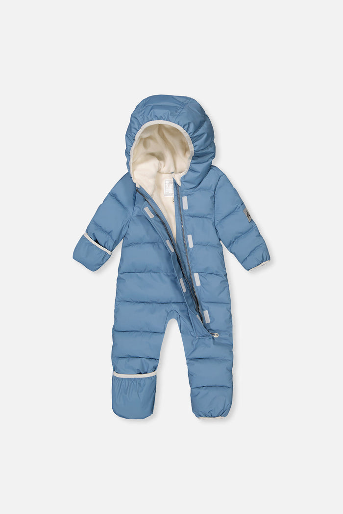 Deux par Deux Baby Cloud snowsuit in blue grey unzipped to show the fleece lining