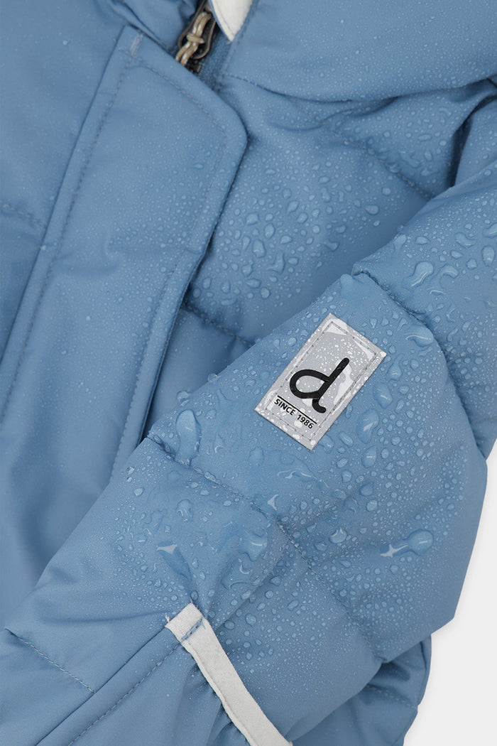 Deux par Deux Baby Cloud snowsuit in blue grey, close-up of the quilted sleeve