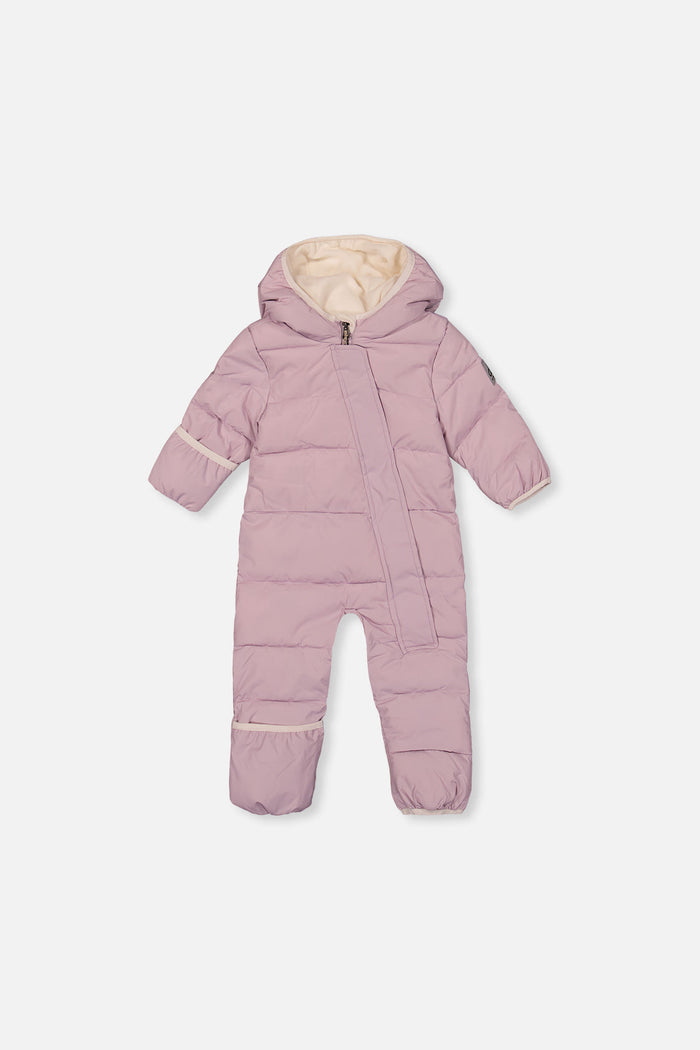 Deux par Deux Baby Cloud one-piece car-seat snowsuit in lavender, front view