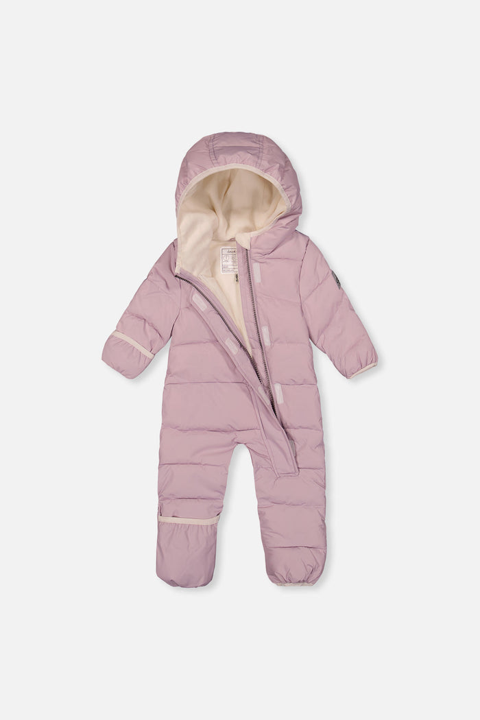 Deux par Deux Baby Cloud snowsuit in lavender unzipped to show the fleece lining