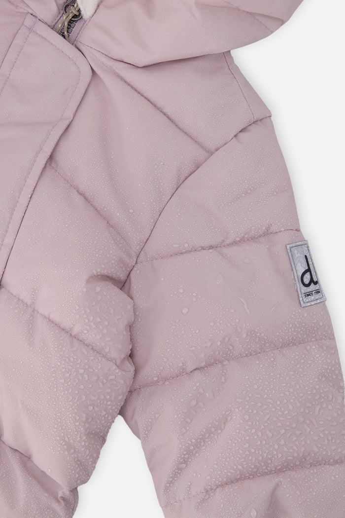 Deux par Deux Baby Cloud snowsuit in lavender, close-up of the quilted sleeve