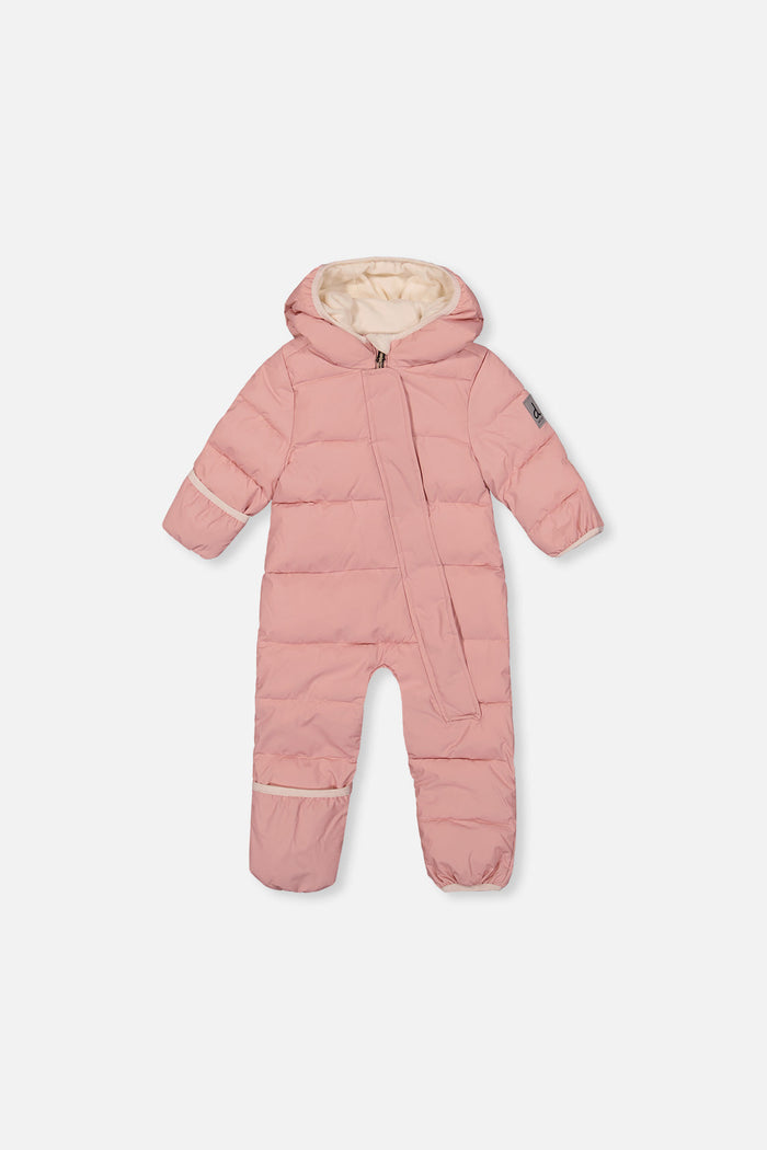 Deux par Deux Baby Cloud one-piece car-seat snowsuit in pale dusty pink, front view