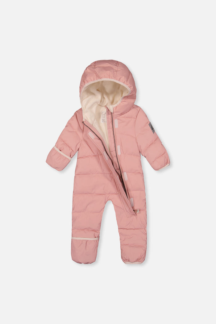 Deux par Deux Baby Cloud snowsuit in pale dusty pink unzipped to show the fleece lining