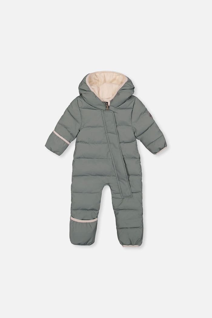 Deux par Deux Baby Cloud one-piece car seat snowsuit in sage green, front view