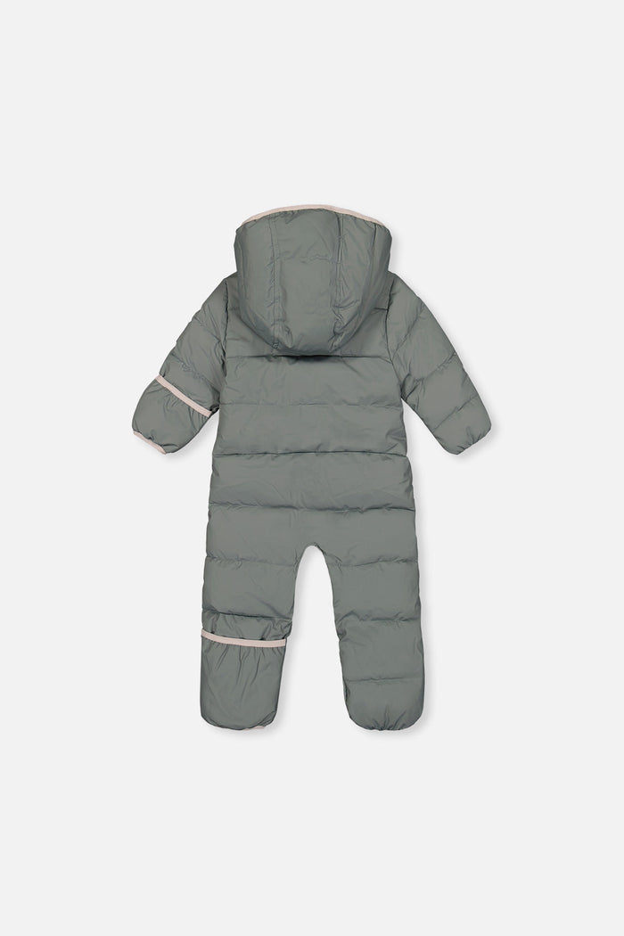 Deux par Deux sage green Baby Cloud one-piece snowsuit, back view